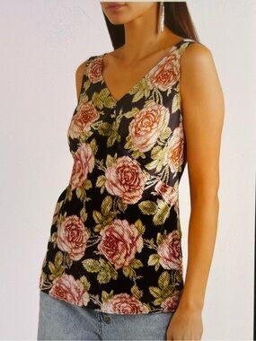 PACO RABANNE Floral V-Neck open back Tank Top - Black with Pink Roses